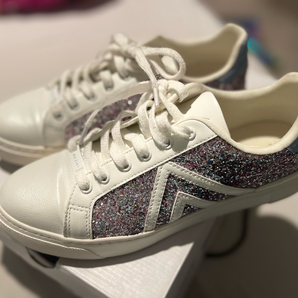 Aldo White and Multicolor Glitter Sneakers